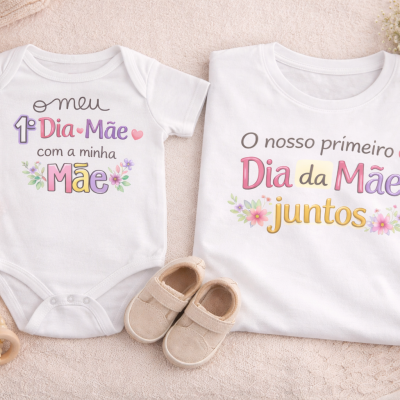 Conjunto de t-shirt para mãe e body para bebé com textos coloridos e flores em fundo bege.