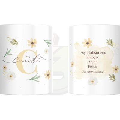 Duas canecas brancas decoradas com flores e texto personalizado