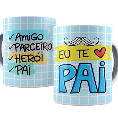 Duas canecas azuis com textos em português e design gráfico colorido