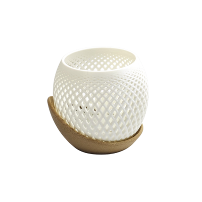 Suporte redondo decorativo branco com base de madeira clara