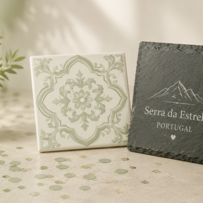 Placas decorativas quadradas: uma de ardósia preta com texto e desenho de montanhas, outra azulejo branco com padrão floral verde.