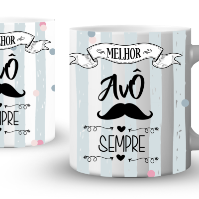 Canecas brancas com design cinza às riscas, pontos coloridos, bigode preto e texto em português.