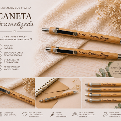 Canetas de madeira natural com gravações personalizadas em fundo claro e tecido