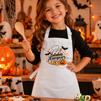 Avental infantil branco com estampa de Halloween e texto em português