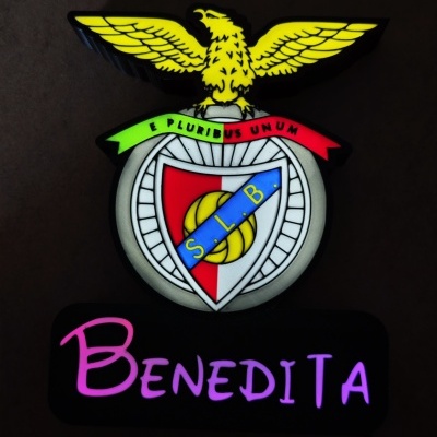 Placa luminosa com o emblema do SL Benfica e a palavra BENEDITA em letras cor-de-rosa