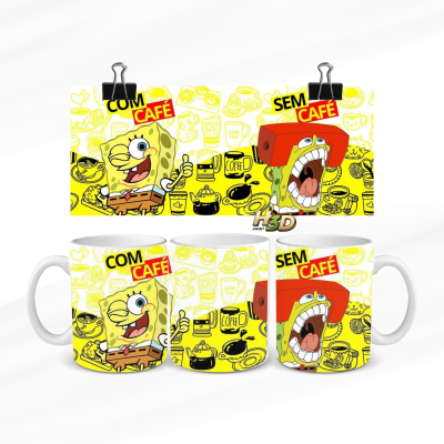 Canecas com estampas do Bob Esponja, uma feliz COM CAFÉ e outra gritando SEM CAFÉ em fundo amarelo.