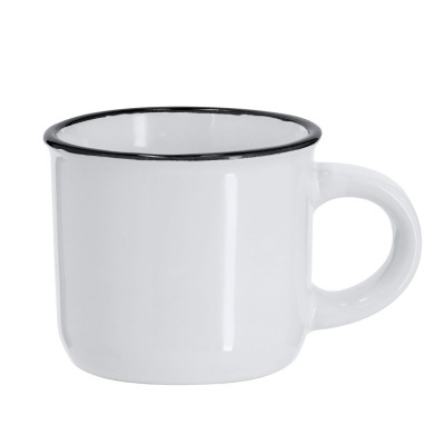 Caneca branca de cerâmica com borda preta