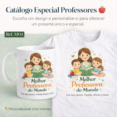 Copo e t-shirt com design personalizado para professores com ilustração e texto em português.
