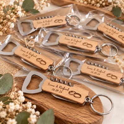 Abridores de garrafa multifunção de metal e madeira com gravação personalizada