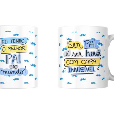 Conjunto de duas canecas brancas decoradas com bigodes azuis e frases para pai em português.