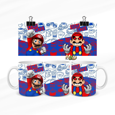 Duas canecas brancas com personagens estilo Mario Bros e textos COM CAFÉ e SEM CAFÉ