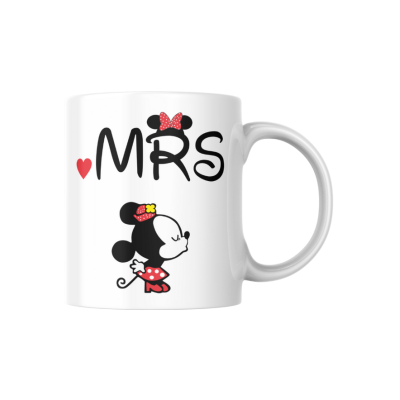 Caneca branca com texto MRS e desenho da Minnie Mouse vestida de vermelho