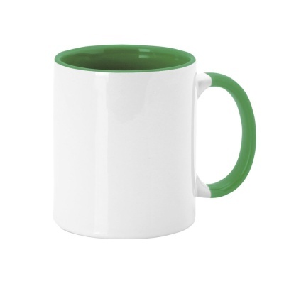 Caneca branca com interior e pega verdes
