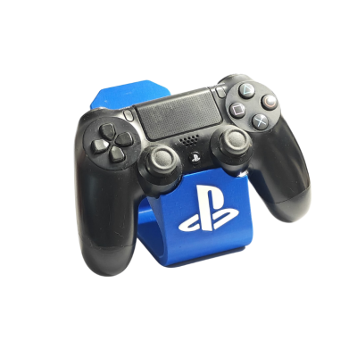 Comando preto PlayStation sobre suporte azul com logótipo branco