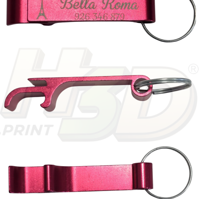 chaveiro abridor de garrafas rosa metálico com texto Bella Roma