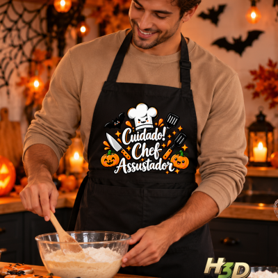 Avental preto com estampa de chef assustador e texto Halloween