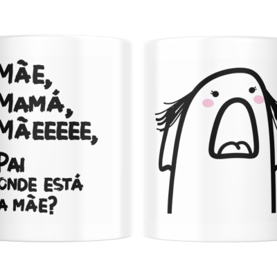 Duas canecas brancas com texto e ilustração em preto e detalhes cor-de-rosa.