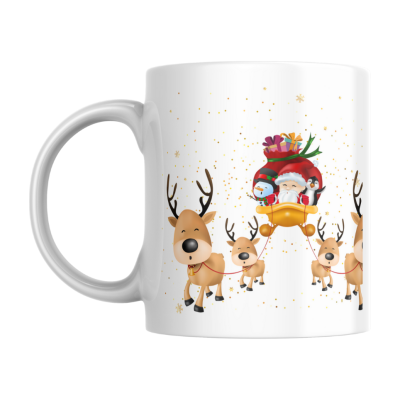 Caneca branca com ilustração de trenó de Natal puxado por renas e Pai Natal