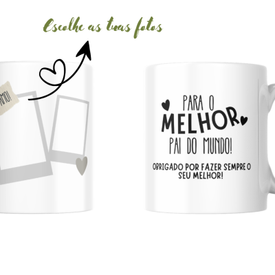 Caneca branca com texto para personalizar fotos e mensagem de agradecimento ao pai