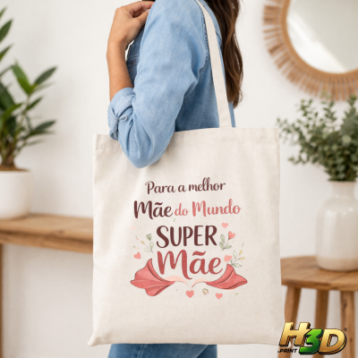 Saco de pano bege com texto colorido e decoração com corações e folhas