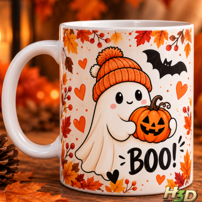 Caneca branca com desenho de fantasma, abóbora, folhas de outono e texto BOO!