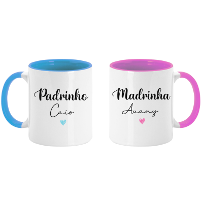 Duas canecas brancas com interiores e pegas coloridas com textos para padrinho e madrinha