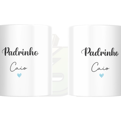 Canecas brancas com texto Padrinho Caio e coração azul