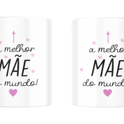 Duas canecas brancas com texto em português e corações rosa