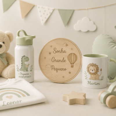 Conjunto infantil com peluche, garrafa, t-shirt, caixa de madeira, caneca, brinquedo de madeira em ambiente decorado