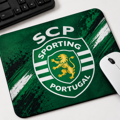Tapete de rato Sporting Clube de Portugal ao lado de rato e teclado
