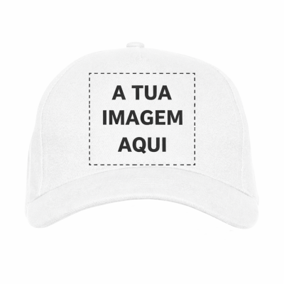 Boné branco com texto A TUA IMAGEM AQUI na parte frontal.