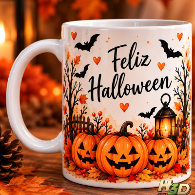 Caneca branca com decoração de Halloween e texto Feliz Halloween