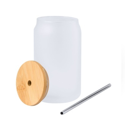 Copo de vidro com tampa de madeira e palha metálica