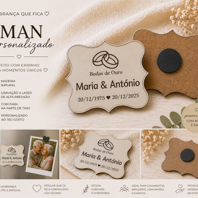 Íman personalizado em madeira natural com gravação laser para bodas de ouro
