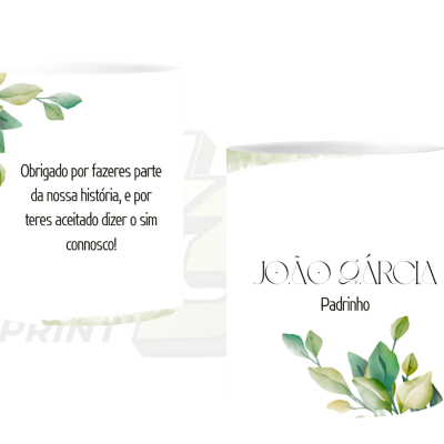 Caneca branca com texto e decoração floral verde.