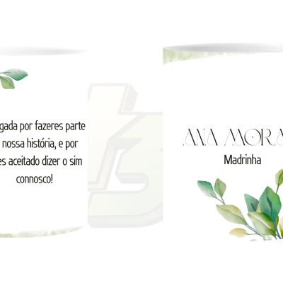 Caneca branca com padrão de folhas e texto de agradecimento para madrinha