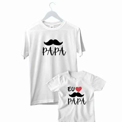Conjunto de t-shirts brancas para pai e filho com design de bigode e texto