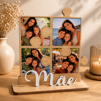 Estrutura de madeira com quatro peças de puzzle a mostrar fotos e a palavra Mãe em branco no suporte