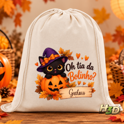Mochila bege em tecido com desenho de gato preto e abóbora de Halloween e texto personalizado