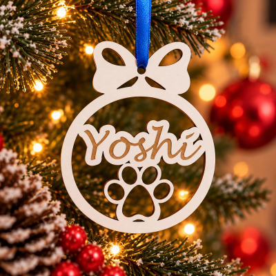 Enfeite de Natal de madeira com nome Yoshi e pata de animal.