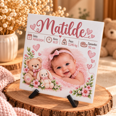 Placa decorativa personalizada com informações do bebé Matilde em fundo rosa com desenhos de ursinho, coelho e flores.