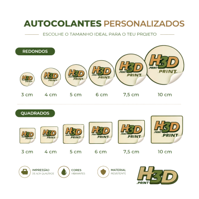 Autocolantes personalizados redondos e quadrados com vários tamanhos e texto H3D PRINT