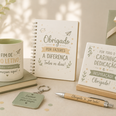 Conjunto de artigos de papelaria e caneca com mensagens de agradecimento em português, em tons verde e bege
