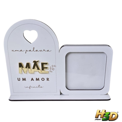 Porta-retrato branco com texto dedicado à mãe e espaço para foto.