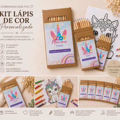 Kit de lápis de cor personalizados com tema unicórnio e etiquetas personalizadas em cartão