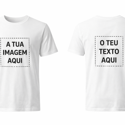 Duas t-shirts brancas com áreas quadradas pontilhadas para personalização de texto e imagem