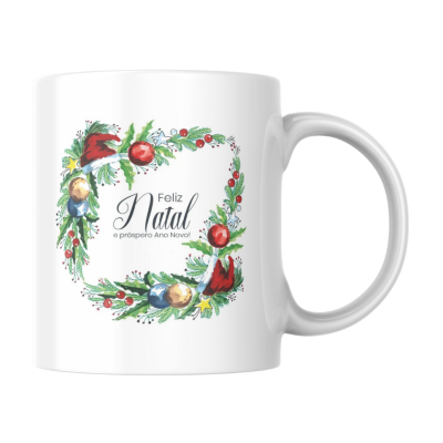 Caneca branca com estampa natalícia e texto de felicitação no centro