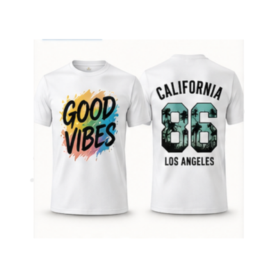 Duas t-shirts brancas com estampas coloridas e texto