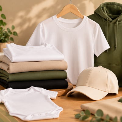 Conjunto de roupa e acessórios neutros com t-shirt, body, sweat, boné e saco tote