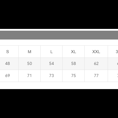 Tabela de guia de tamanhos para roupas com medidas de peito e comprimento